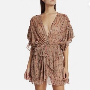 IRO Buoux Metallic Print Ruffle V Neck Mini A Line Dress